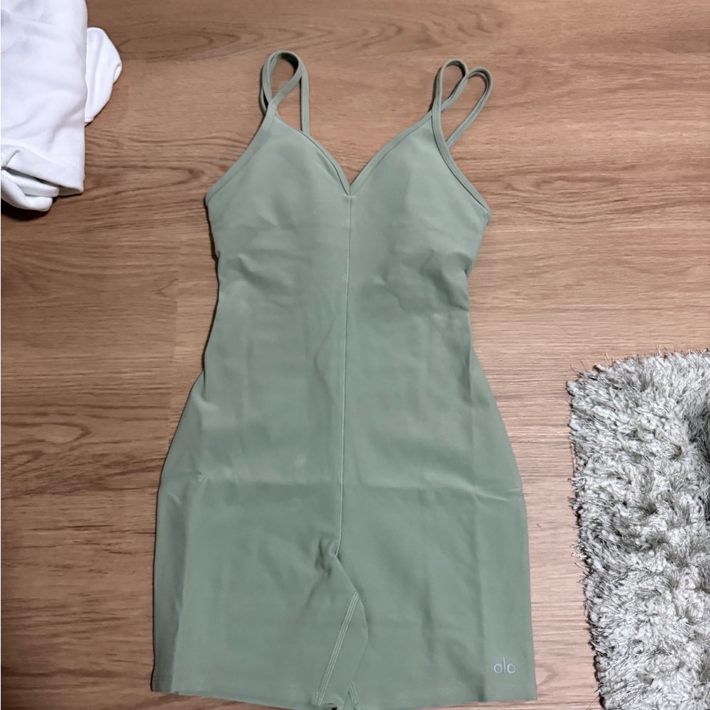 ALO Yoga Sage Green Fitted V-Neck Mini Dress
